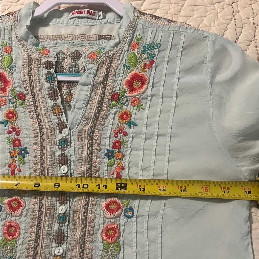 Johnny Was Pastel Blue Embroidered Blouse - Picture 8 of 9